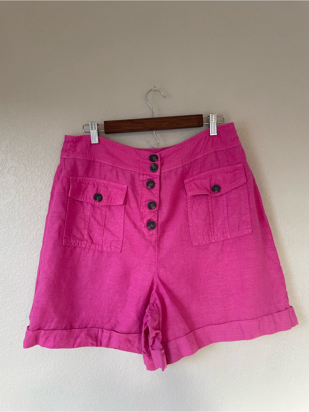Boden Bright Pink 100% Linen Cuffed Shorts Button Front Women’s 12 6”